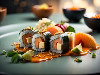 Sushi rolls with salmon, cream cheese, cucumber and red caviar.