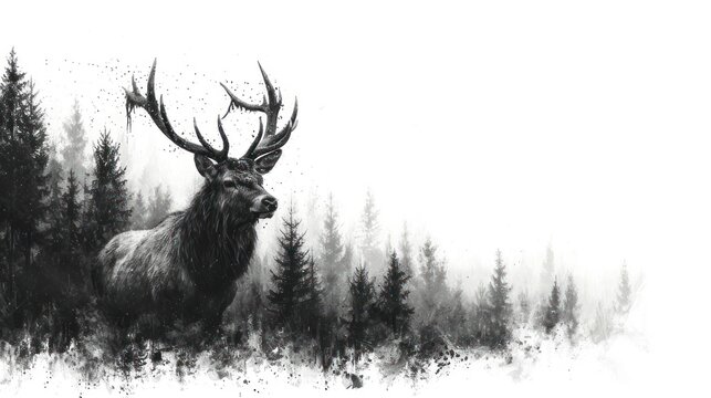  a black and white photo of a deer with antlers on it's head in front of a line of trees with snow on the ground in the foreground.
