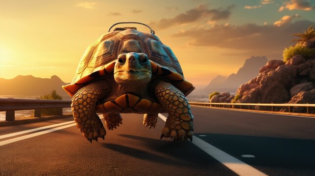 Turtle rides a skateboard along a coastal road with the sun setting in the background