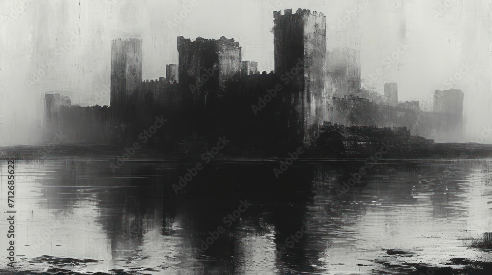 Canvas Prints  a black and white photo of a castle in the middle of a body of water with a city in the background and fog in the air above the water is a body of water.