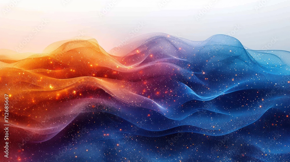 Poster a computer generated image of a wave of blue and orange colors with stars in the sky in the center o