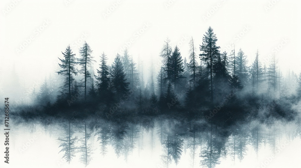 Poster a black and white photo of a foggy forest with trees in the foreground and a body of water in the mi