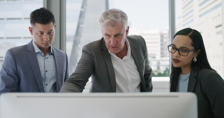 Business people, guidance or meeting by laptop in office, diversity or mature mentor in corporate job. Men, woman and brainstorming by technology, manager and online project with coaching in company