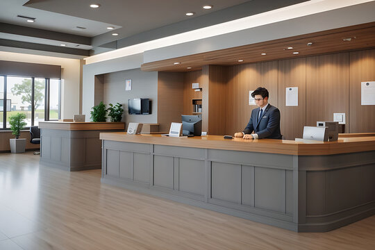 Grey and wooden bank interior with teller counters design.