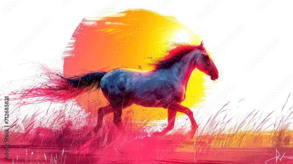 Poster a digital painting of a horse running in a field with the sun in the background and the grass blowin