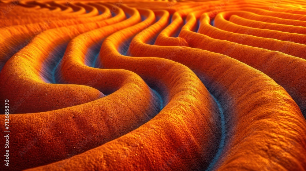 Poster a close up of a pattern made out of orange and yellow sand with a bright light shining on the top of