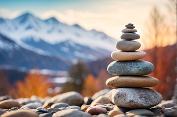 Fototapeta na wymiar Stack of pebbles or stones on outdoor background