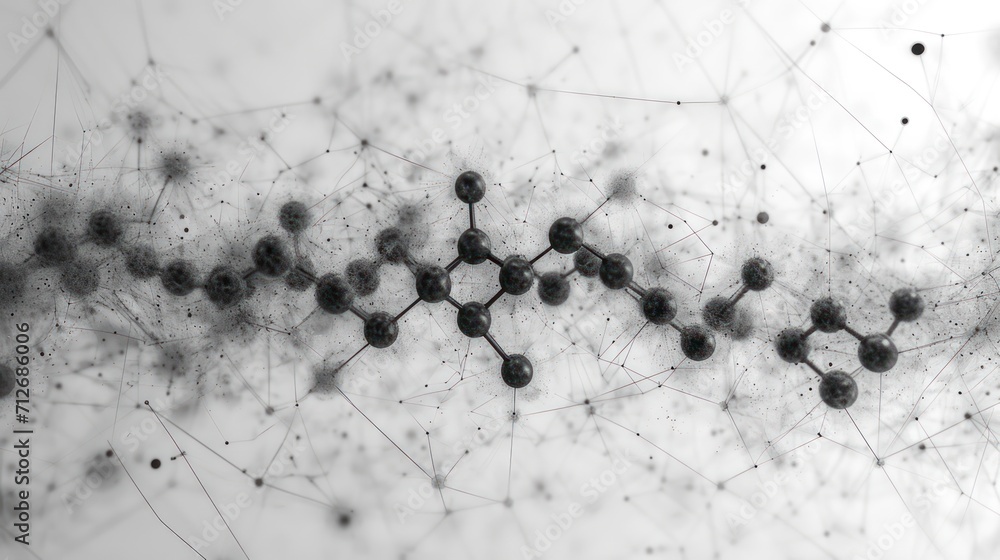 Poster a black and white photo of the structure of a complex structure with dots and lines in the center of