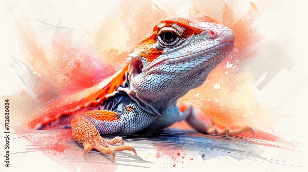 Poster a close up of a lizard laying on the ground with a paint splattered design on the back of it's head 