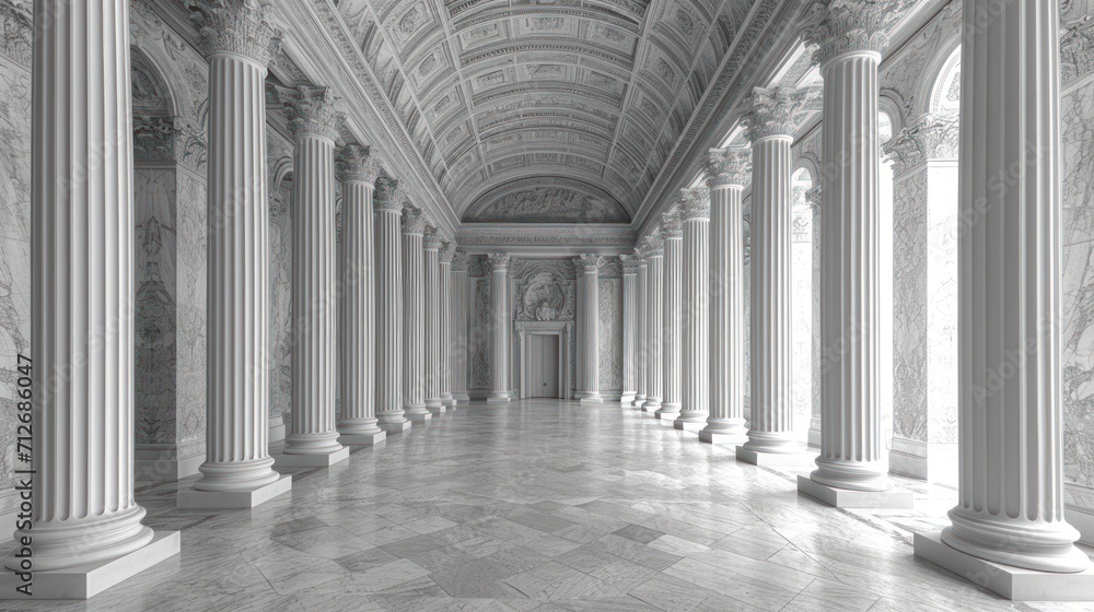 Poster a black and white photo of a hallway in a building with columns and a clock on the wall and a clock 