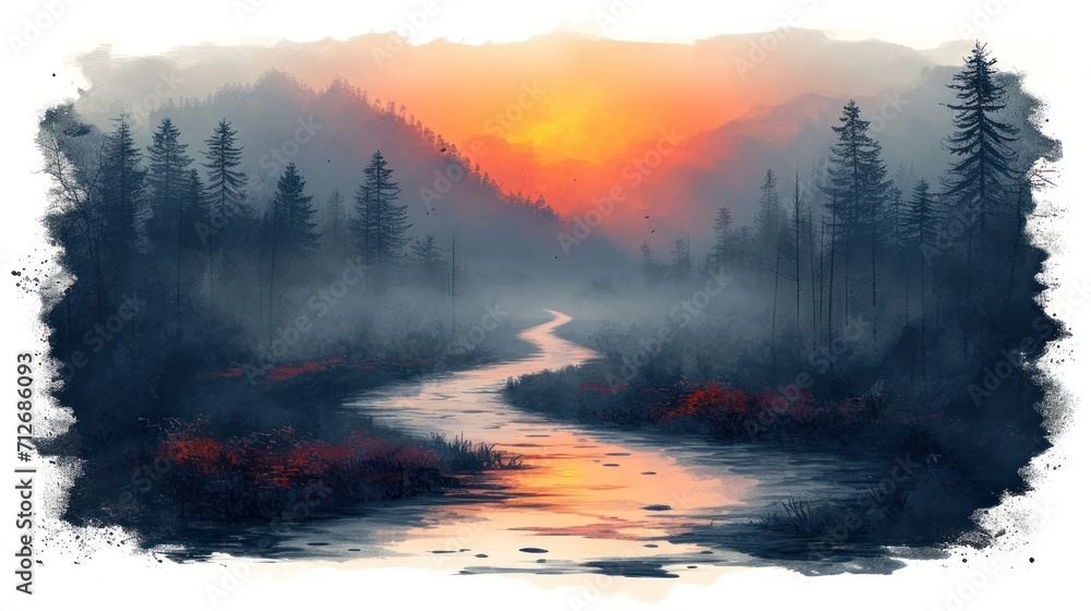 Poster a painting of a river in the middle of a forest with the sun setting in the distance and trees on bo