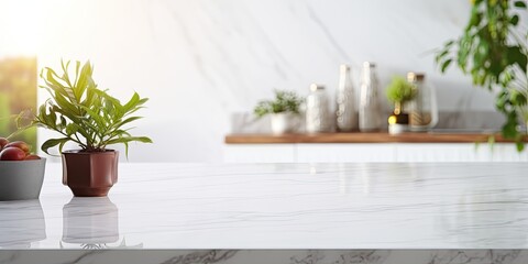 Using a blurred white kitchen background, choose to highlight a marble table top for product display or design layout.