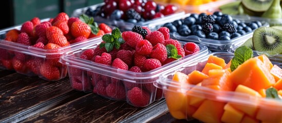 Prepared fruit assortment in plastic containers.