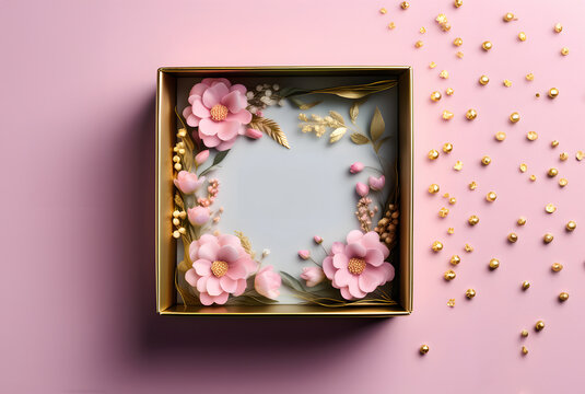 Top view photo decor  gift box with pink on isolated pastel pink background with blank space, generative ai