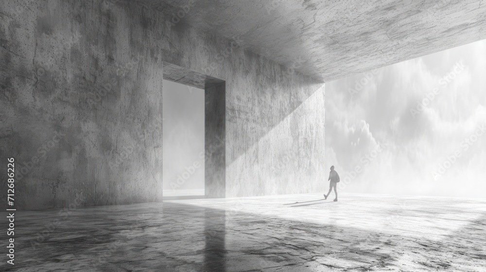 Poster a person standing in an empty room with a doorway in the middle of the room and a person standing in