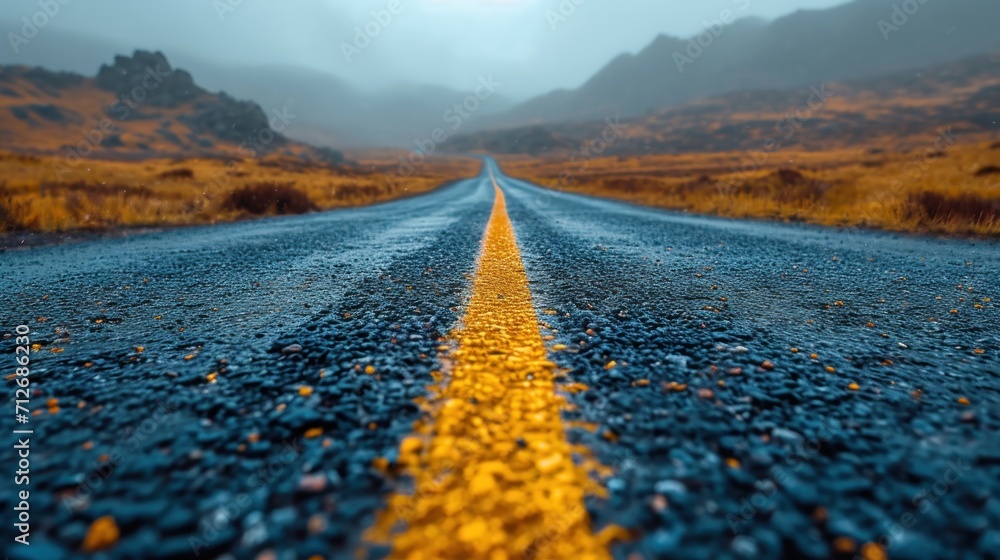 Aufkleber a yellow line on the middle of a road in the middle of a field with a mountain range in the distance