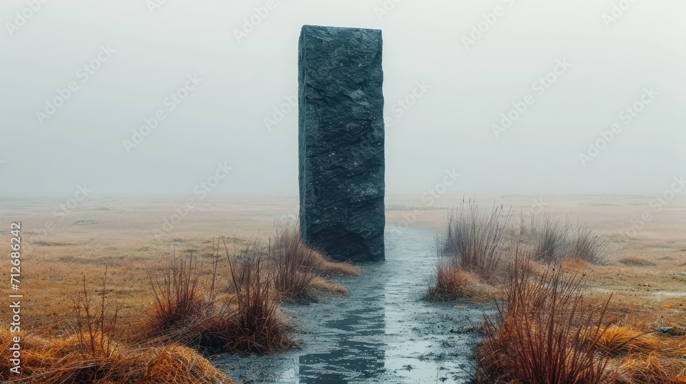 Poster a stone obelisk in the middle of a field in the middle of a foggy day with a path leading to the obe