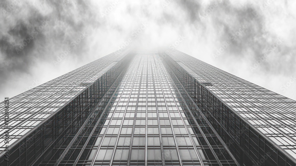 Poster a black and white photo of a tall building with a lot of windows on each side of the building and a 