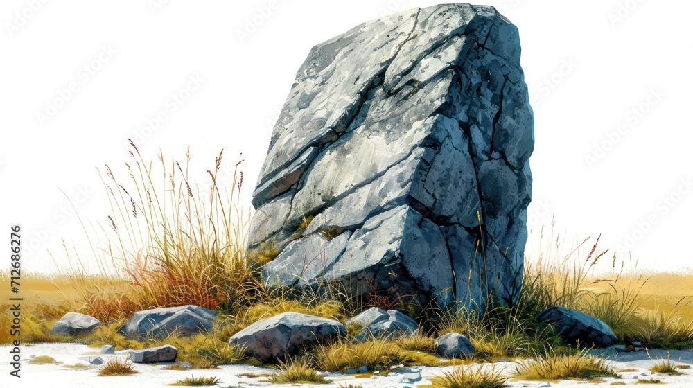 Aufkleber a painting of a large rock in the middle of a field with grass and rocks in the foreground and a bir