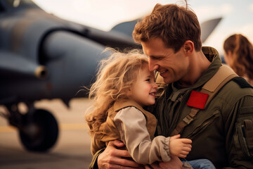 Fototapeta premium Pilot reuniting with his daughter on the airport