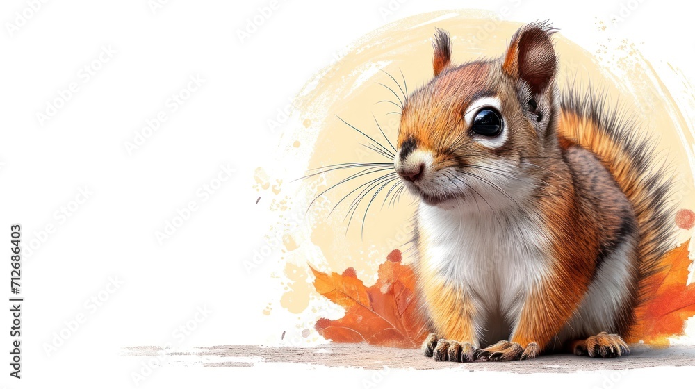 Poster a close up of a squirrel on a white background with a maple leaf in the foreground and a watercolor 