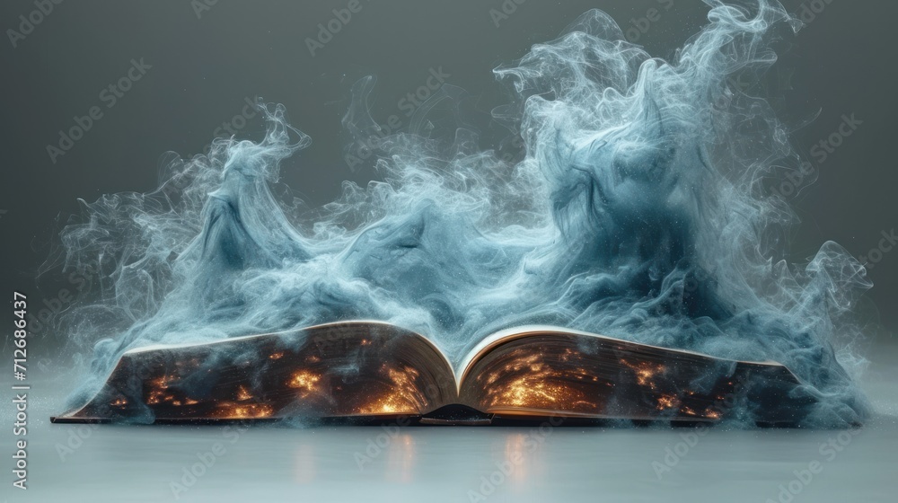 Aufkleber an open book with a lot of smoke coming out of it on top of the book is on a white surface with a bl