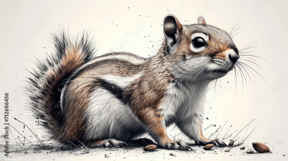 Aufkleber a drawing of a squirrel sitting on top of a pile of nuts and looking up at the camera with a surpris