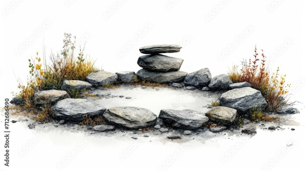 Poster a drawing of a circle of rocks with grass and weeds around it and a few rocks stacked on top of each