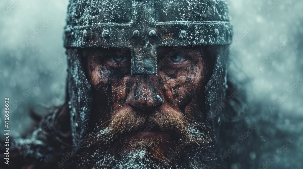 Poster a close up of a man wearing a helmet with a beard and wearing a helmet with a cross on it, in the mi