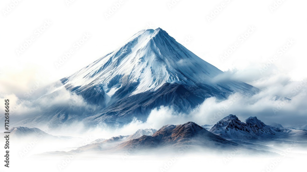 Poster a snow covered mountain in the middle of a foggy sky with a few clouds in the foreground and the top