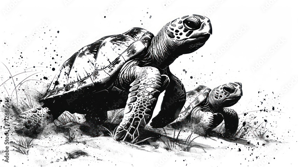 Poster a black and white drawing of a turtle laying on its back in the sand with another turtle on it's bac
