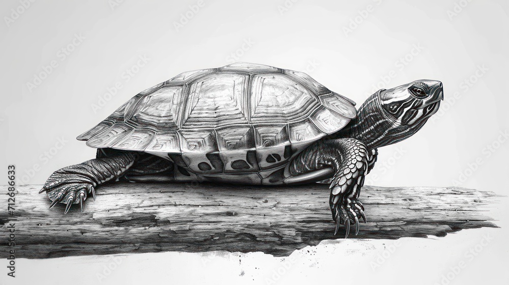 Poster a drawing of a turtle sitting on top of a tree branch with its head turned to the side and it's head