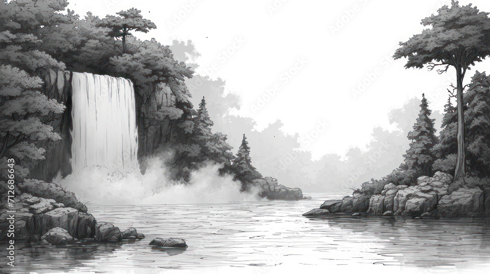 Poster a painting of a waterfall in the middle of a river with trees and rocks in the foreground and a body