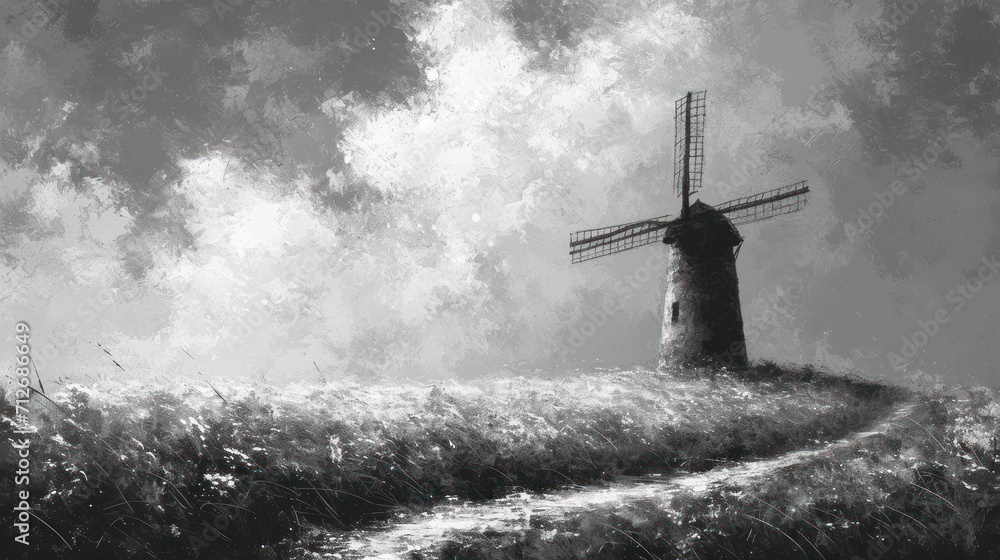 Poster a black and white photo of a windmill in the middle of a field with a path leading to it and a path 