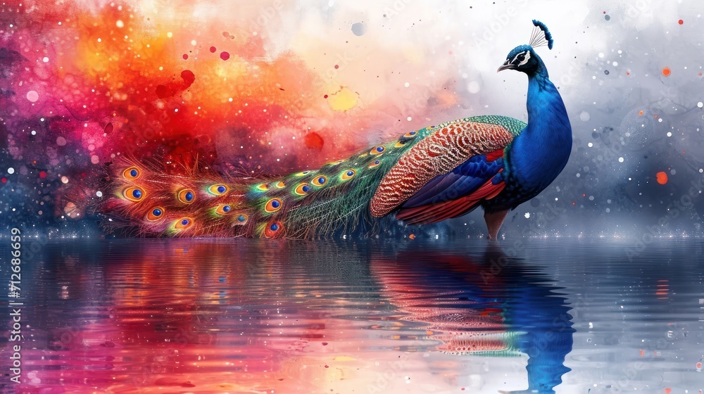Poster a peacock standing in the water with its feathers spread out, surrounded by a vibrant array of color