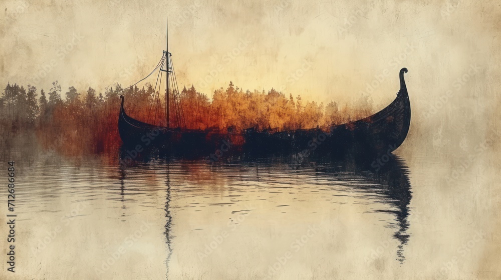 Poster a painting of a boat floating on top of a body of water with trees in the background and a boat in t