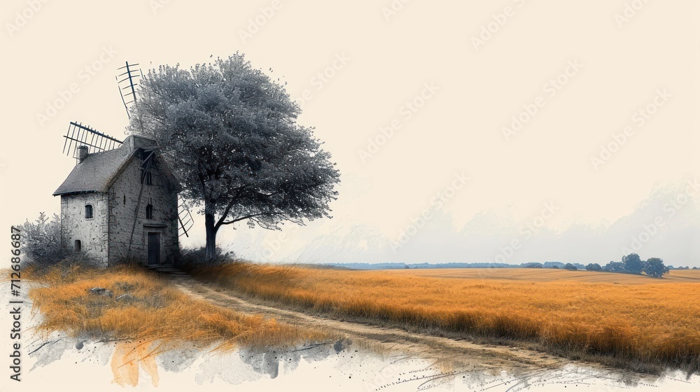 Poster a painting of a house in a field with a tree in the foreground and a windmill on the other side of t