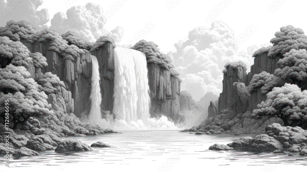Poster  a black and white photo of a waterfall in the middle of a body of water with trees and rocks in the foreground and a sky filled with clouds in the background.