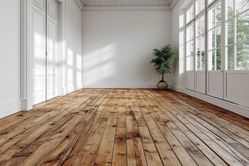 Leerer Raum aus wei&szlig;em Beton mit Holzb&ouml;den