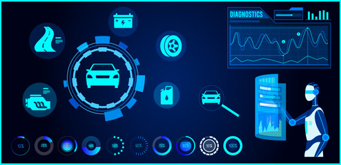 Fototapeta premium Futuristic car diagnostics panel with robot and data charts. AI technology diagnosing vehicle health. Automotive diagnostics and AI mechanic concept vector illustration.