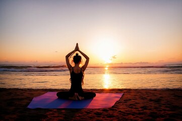 Young woman practicing yoga on the beach at sunrise. Yoga concept.