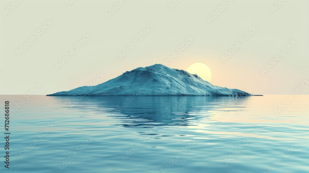 Poster an iceberg floating in the middle of a body of water with the sun setting on top of the iceberg in t