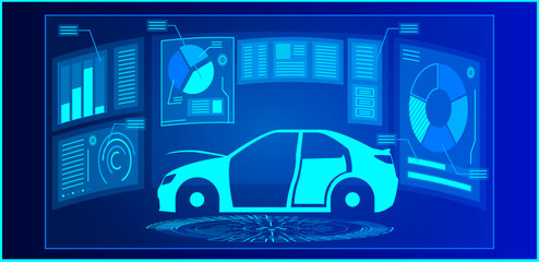 Futuristic car diagnostics with holographic displays and graphs. High-tech vehicle analysis and maintenance concept vector illustration.