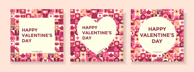 Set festive cards abstract shapes. Creative concept of Happy Valentines Day. Background of icons with symbol of love. Trendy design in geometric style