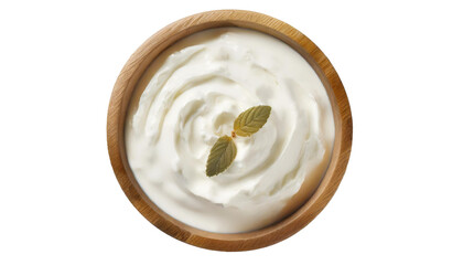 Fototapeta na wymiar Greek yogurt in wooden bowl isolated on transparent background.