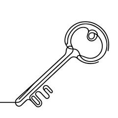 Single old key drawing in style of one continuous line black color. Self drawing