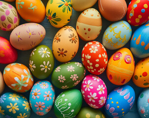 Fototapeta na wymiar Background Image of a Variety of Vibrant, Hand-painted Easter Eggs Adorned with Floral and Dotted Patterns 