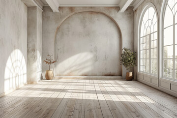 Leerer Raum aus weißem Beton mit Holzböden - obrazy, fototapety, plakaty