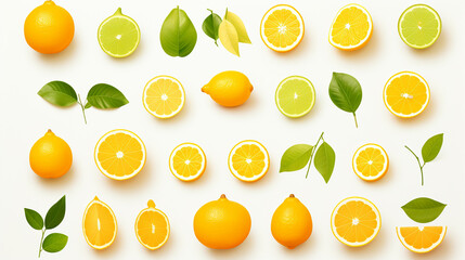 Yellow fruit and vegetable mix collection. Melon, pomelo, nashi, pear, banana, grapefruit, mango, lemon, kiwi, pepper isolated on white background. Generate AI
