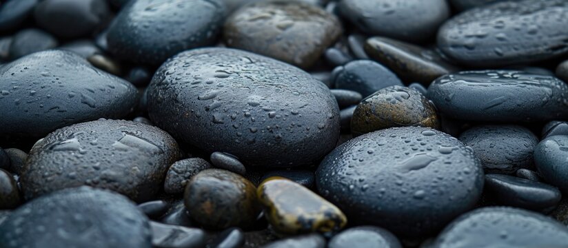 High quality close-up photo of smooth round pebbles on a textured beach. Includes dark wet and gray dry pebbles.